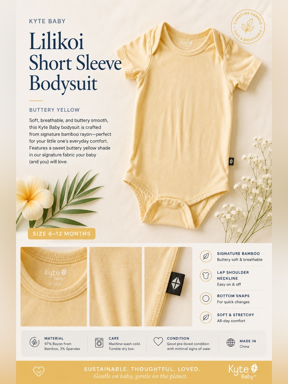Kyte Baby Lilikoi Bamboo Bodysuit Onesie 6–12M Buttery Yellow